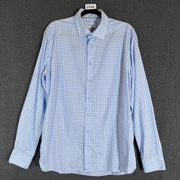 Eton Fine Twill Cotton Slim Check Button Up Shirt - Men's Size 43/17 - Blue - Picture 1 of 9